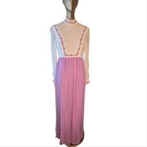 Vtg 70s Handmade Edwardian Prairie Maxi‎ Dress Western Trim Ruffle Size S/M